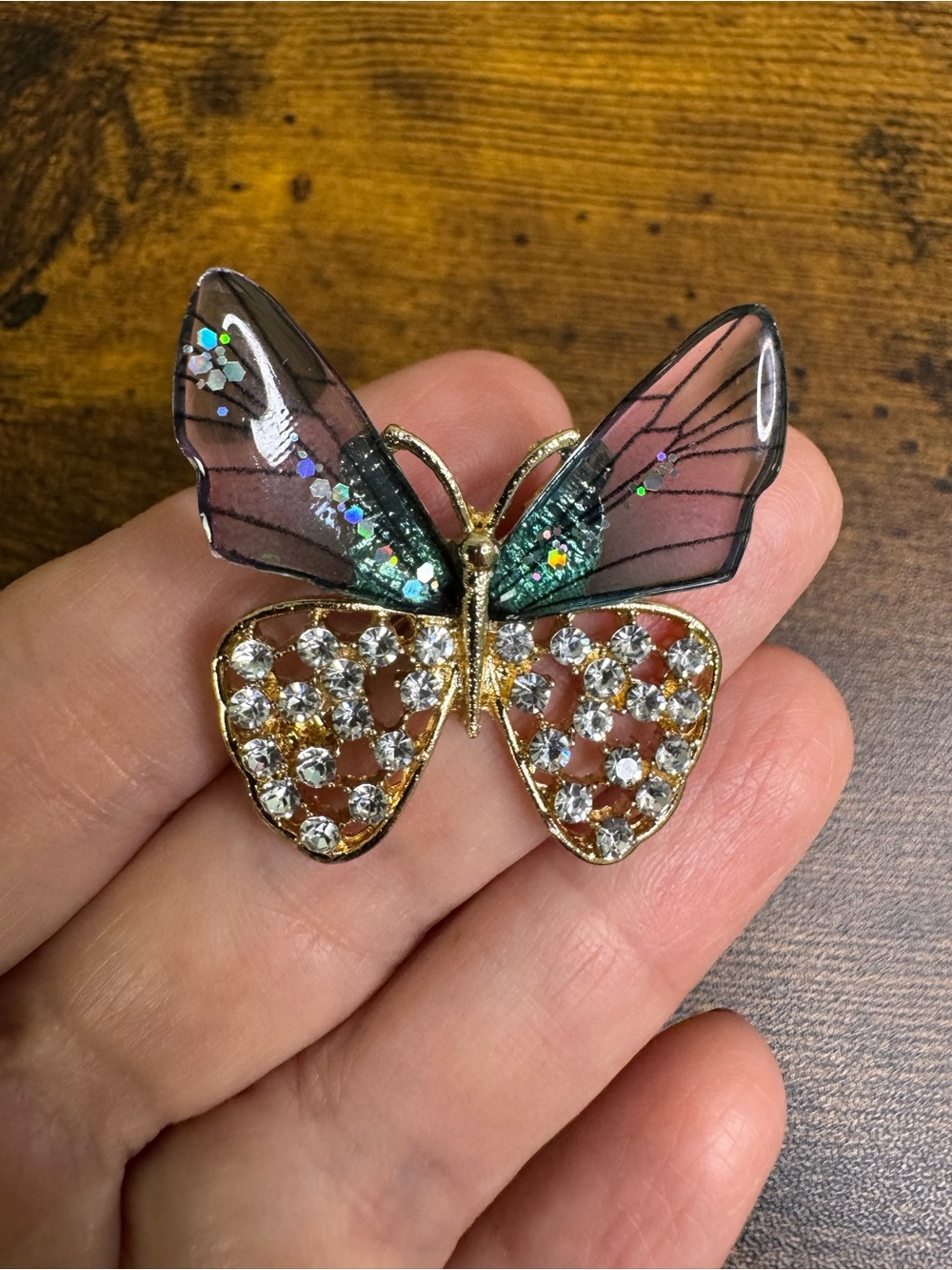 Gold Butterfly Brooch with Pink and Green Wings